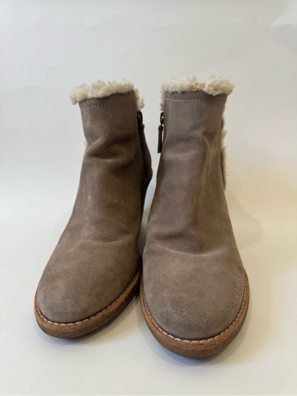 Cole Haan Taupe Suede Shearling-Cuffed Ankle Boots